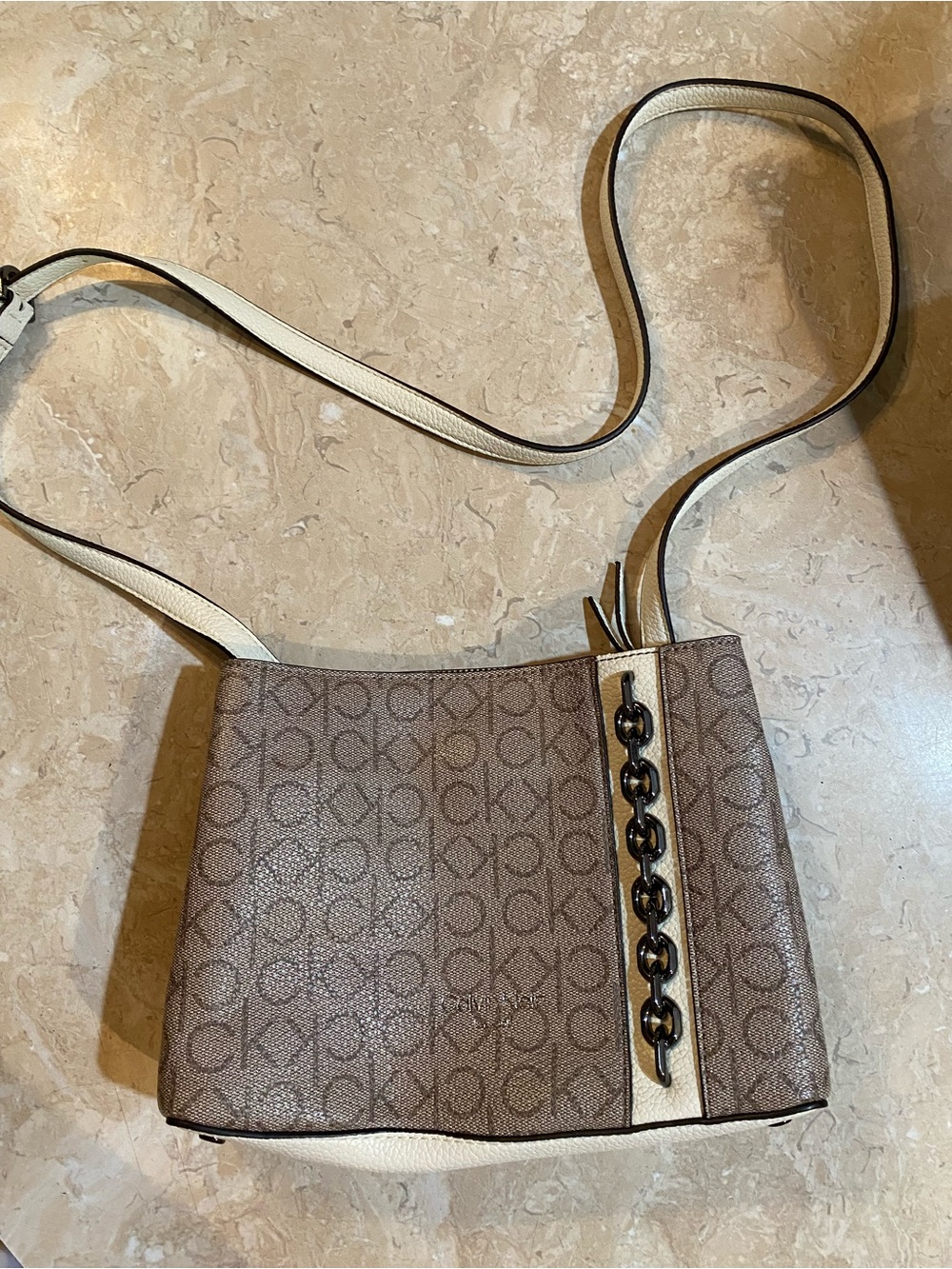 Calvin Klein Brown Logo Crossbody with Cream Trim and Chain Detail